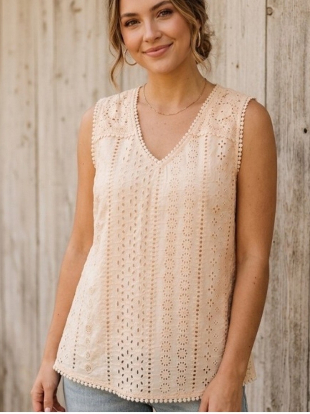 Joie Peach Eyelet Crochet V-Neck Sleeveless TOP Size XS